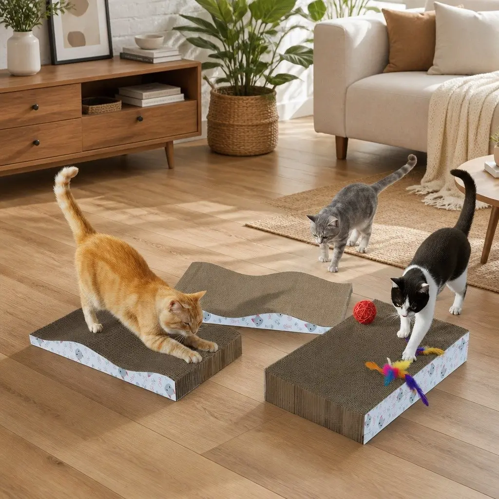 Cat Scratching Board Bed 4-Pack Curved Design Reversible Cardboard Pet Furniture