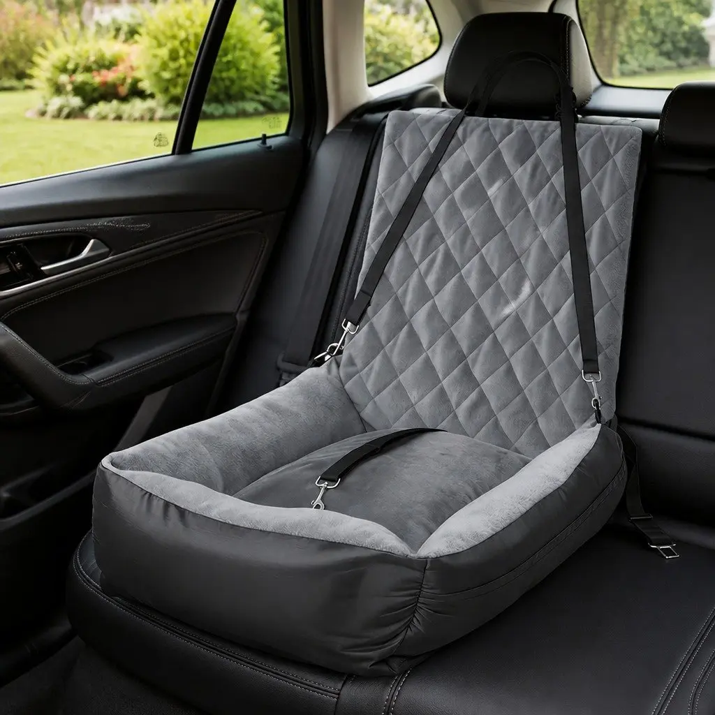 Pet Car Seat Grey Plush Interior Washable Durable Oxford Fabric Non-Slip Base Travel Safety Carrier