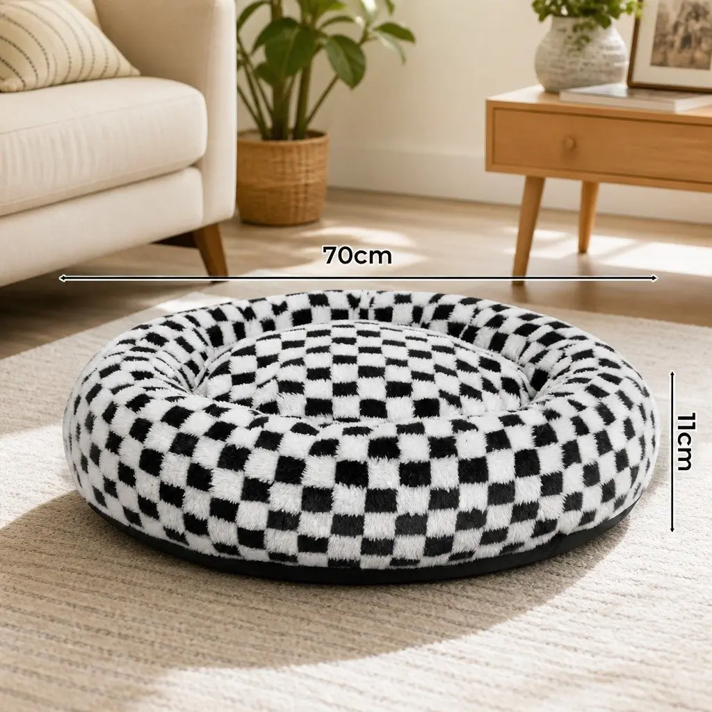 Circular Plush Dog Cosy Bed Calming Pet Sherpa Checkered Removable Washable
