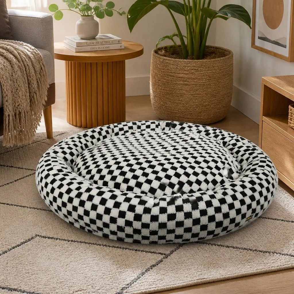Circular Plush Dog Cosy Bed Checkered Calming Pet Bed Removable Washable Cover