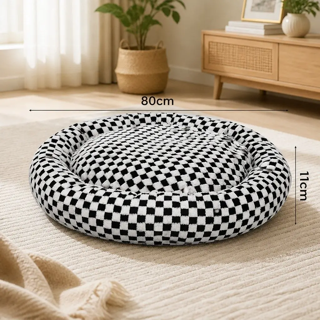 Circular Plush Dog Cosy Bed Checkered Calming Pet Bed Removable Washable Cover