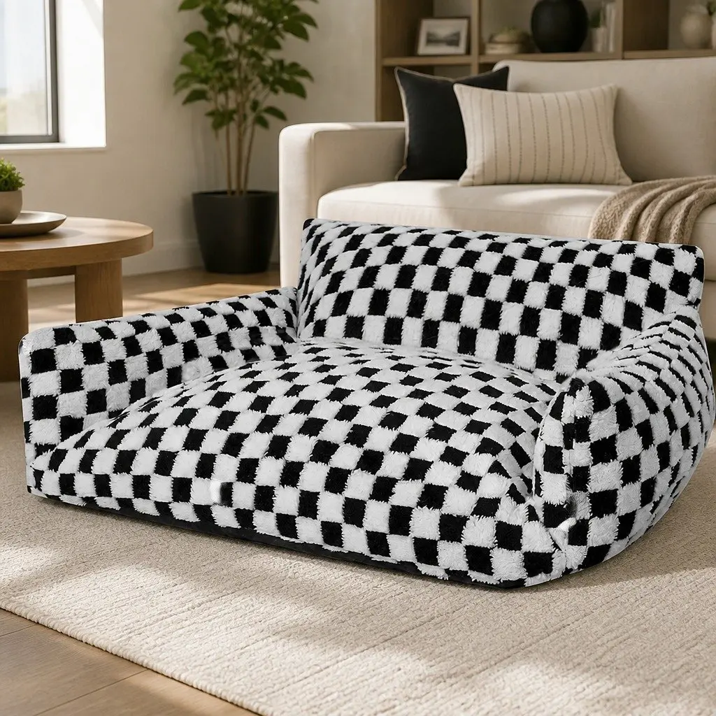 Pet Bed 60cm Plush Checkered Washable Removable Cover Raised Bolsters