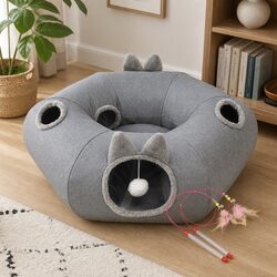 Cat Tunnel Bed 2-in-1 Foldable Indoor Pet Playhouse with Removable Donut Bed