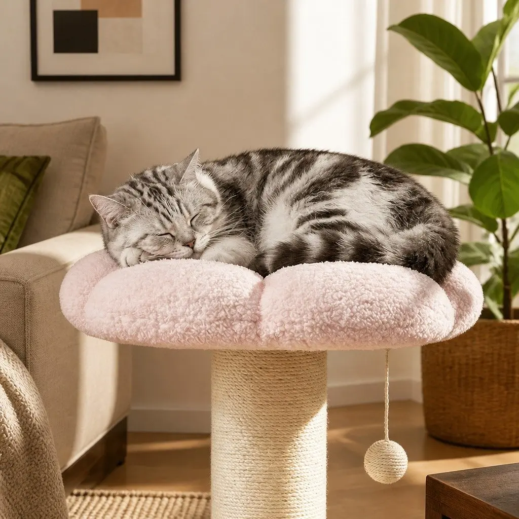 Cat Scratching Post 61.5cm Flower Tower Plush Platform Interactive Play