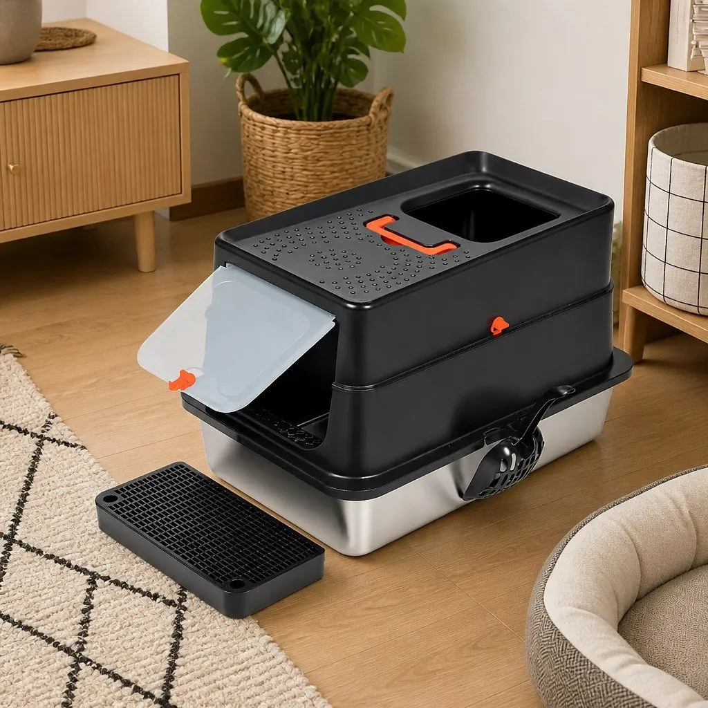 Large Enclosed Cat Litter Box 60cm Stainless Steel High Sided Odour Control
