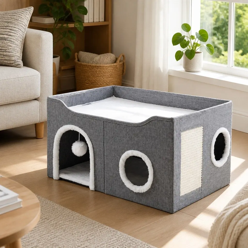 Foldable Cat House Cave Bed Double Layer with Scratching Board Interactive Nest