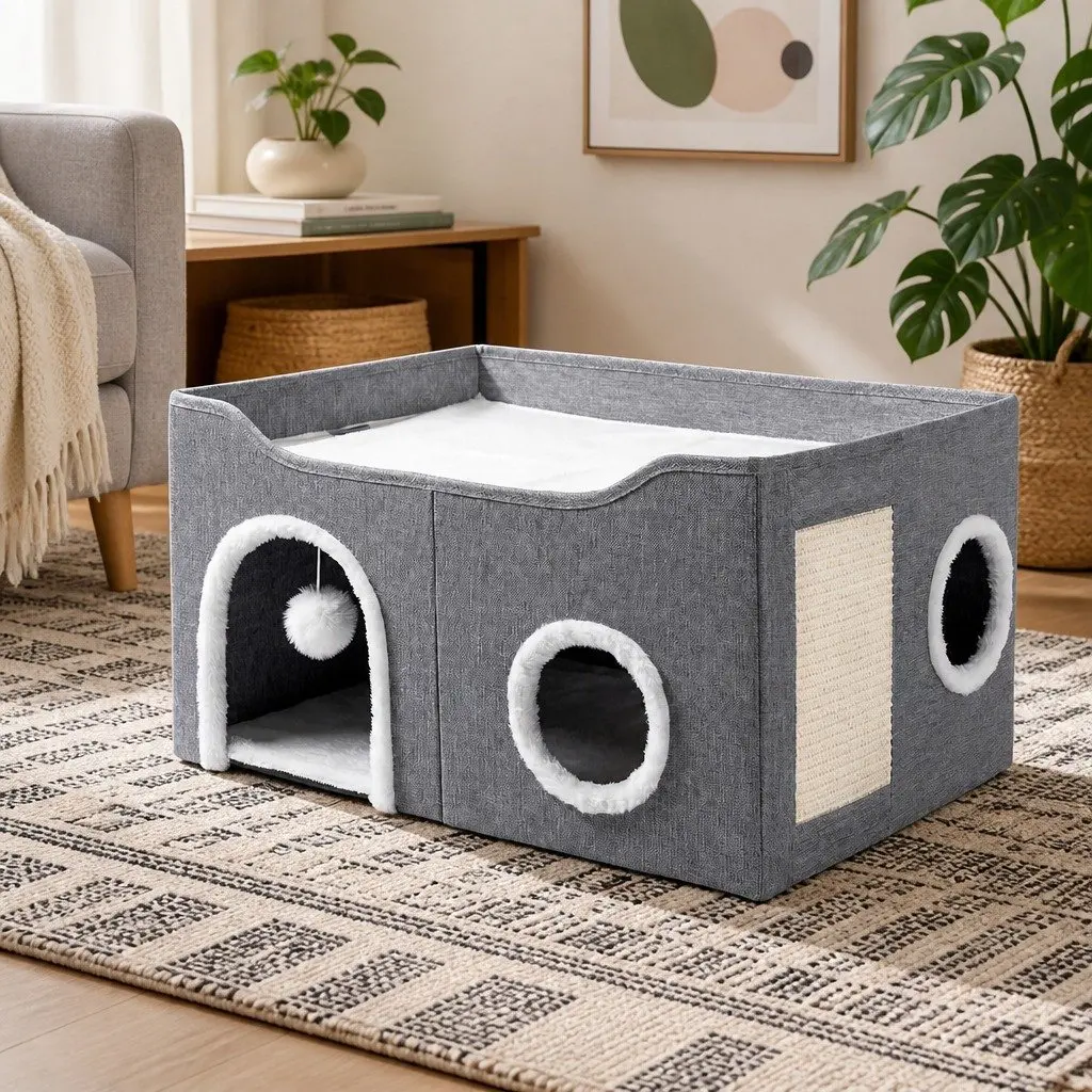 Foldable Cat House Cave Bed Double Layer with Scratching Board Interactive Nest