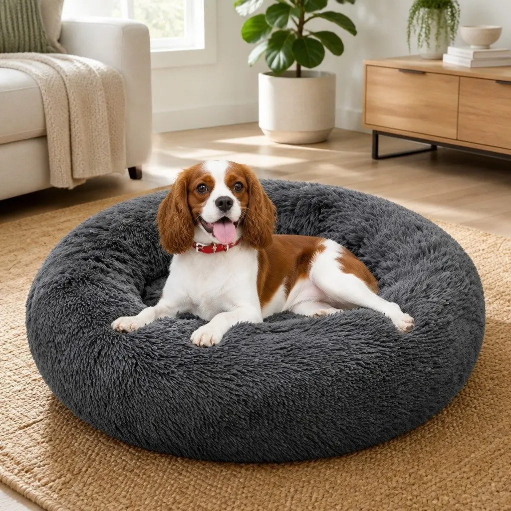 Round Pet Bed 70cm Plush Calming Sleep Mat for Dogs Cats Dark Grey