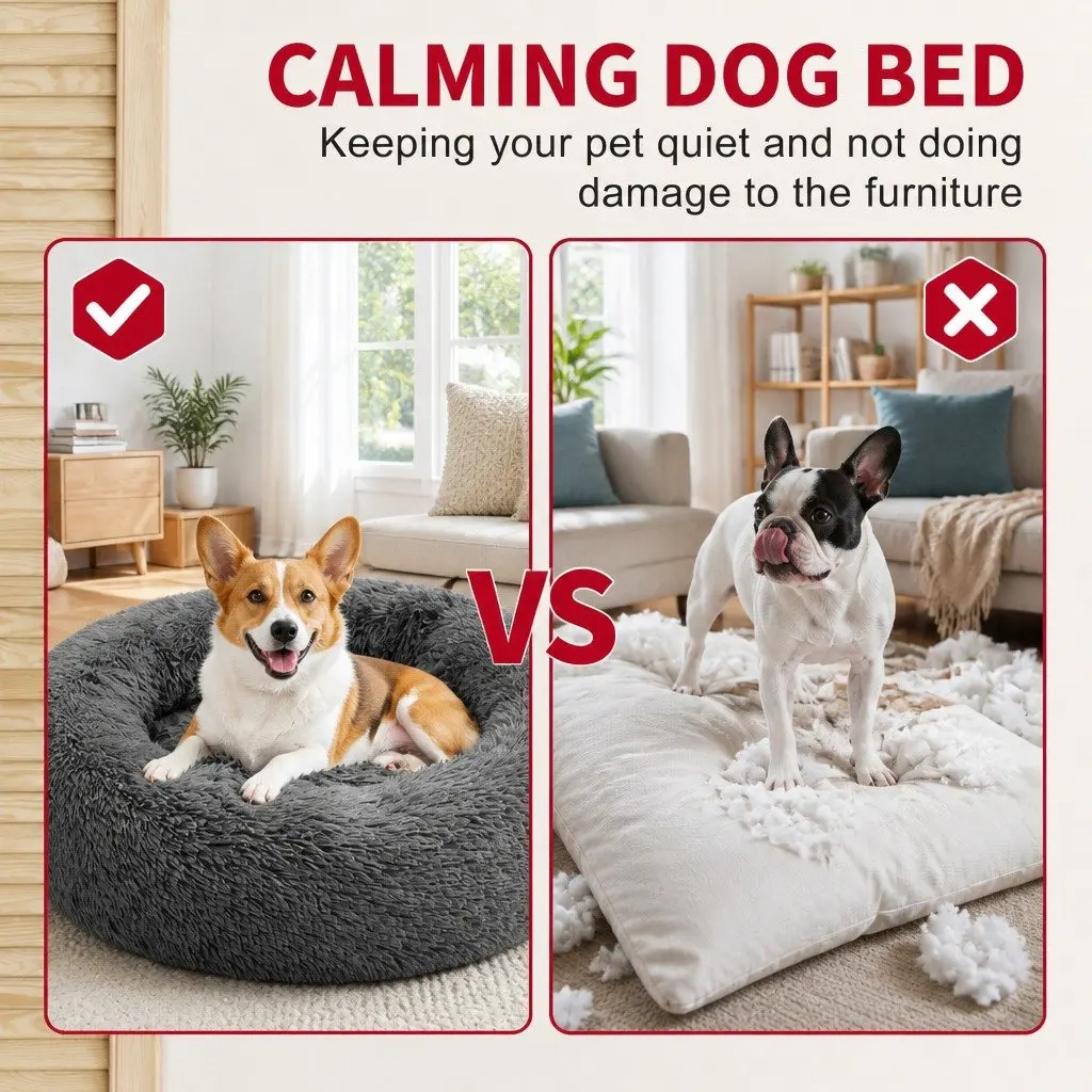 Round Pet Bed 70cm Plush Calming Sleep Mat for Dogs Cats Dark Grey
