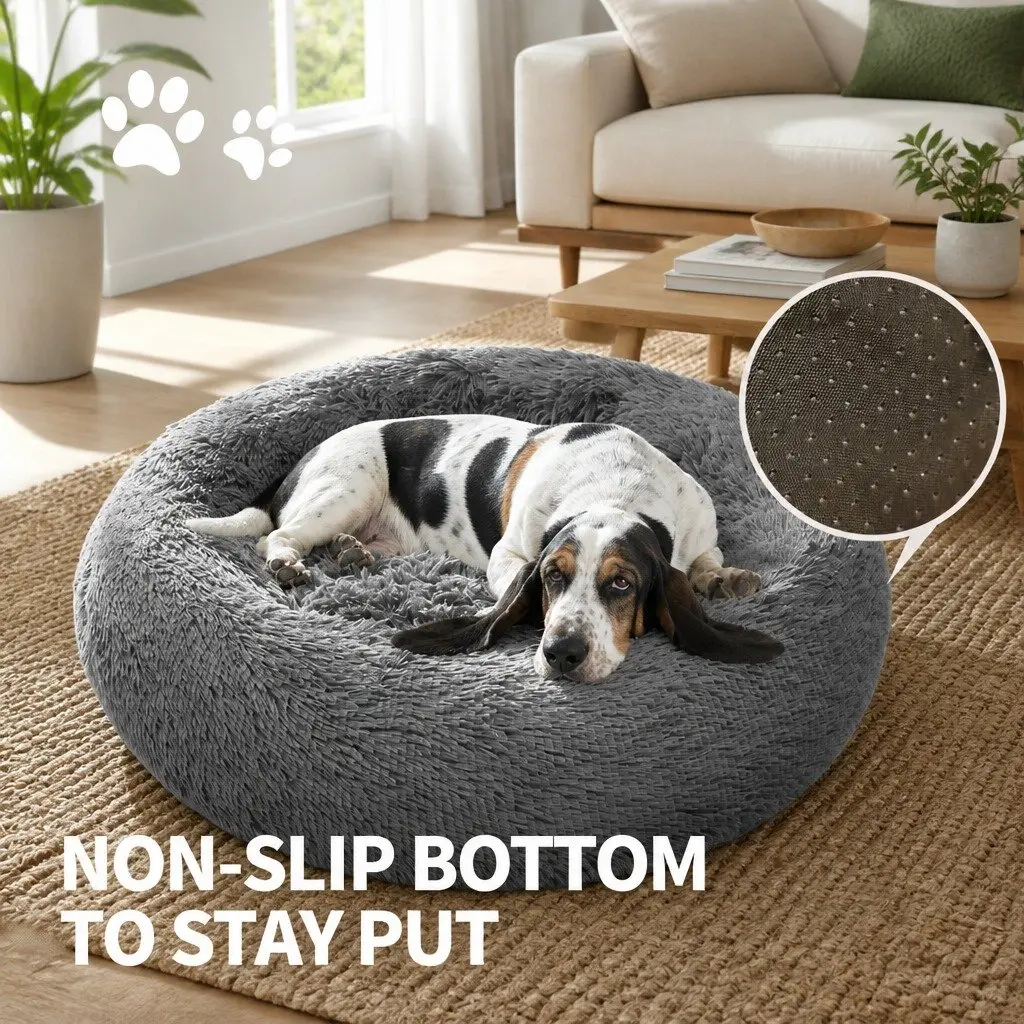 Round Pet Bed 70cm Plush Calming Sleep Mat for Dogs Cats Dark Grey