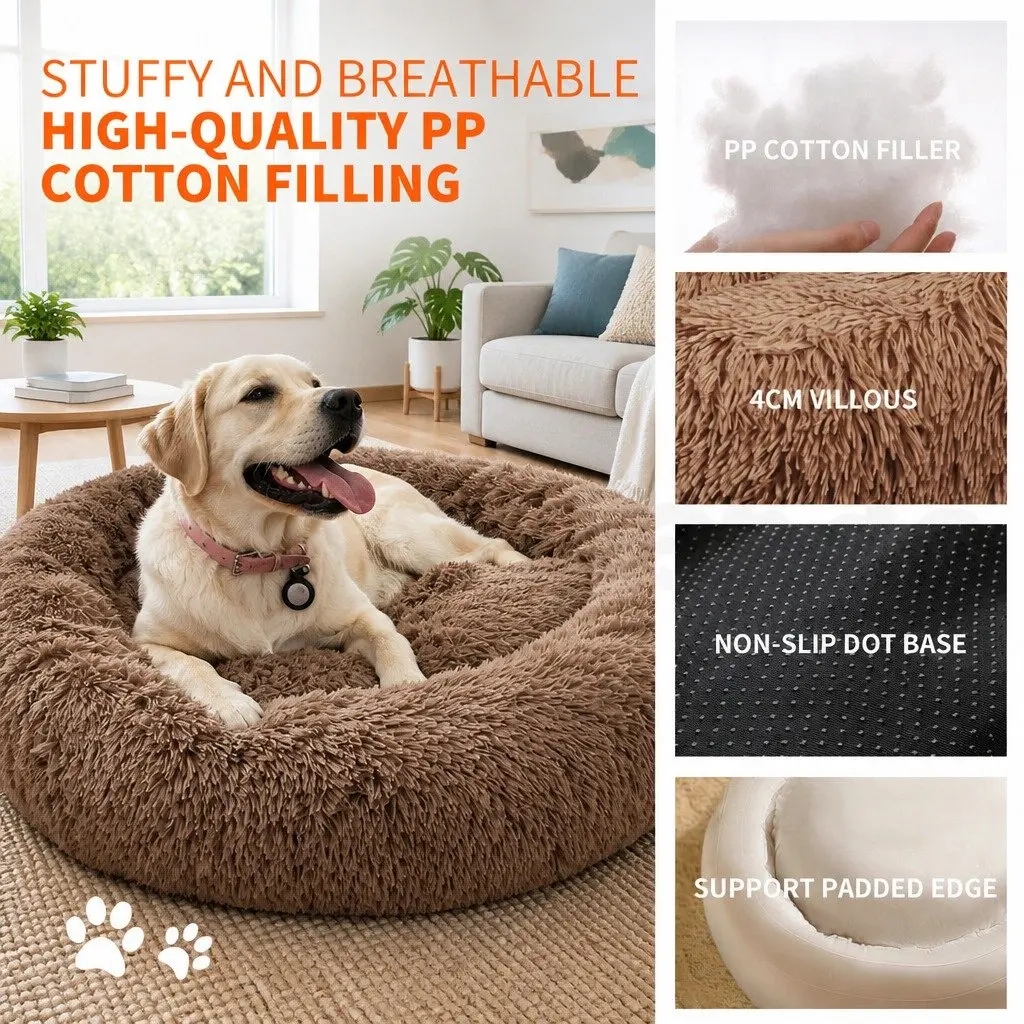 Large Round Dog Bed Plush Warm Pet Nest Cushion Cozy 90cm Light Coffee