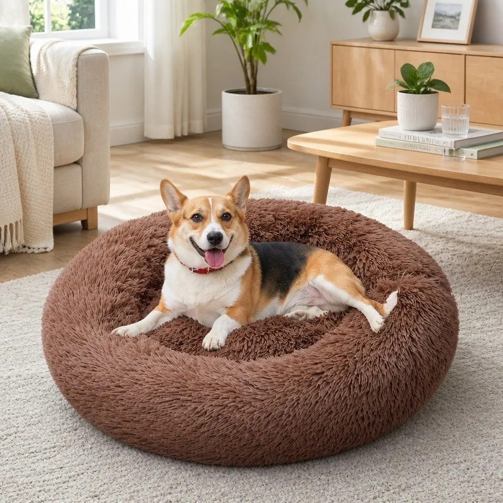 Dog Bed Round M 70cm Plush Nest Warm Sleeping Kennel Non-Slip Base