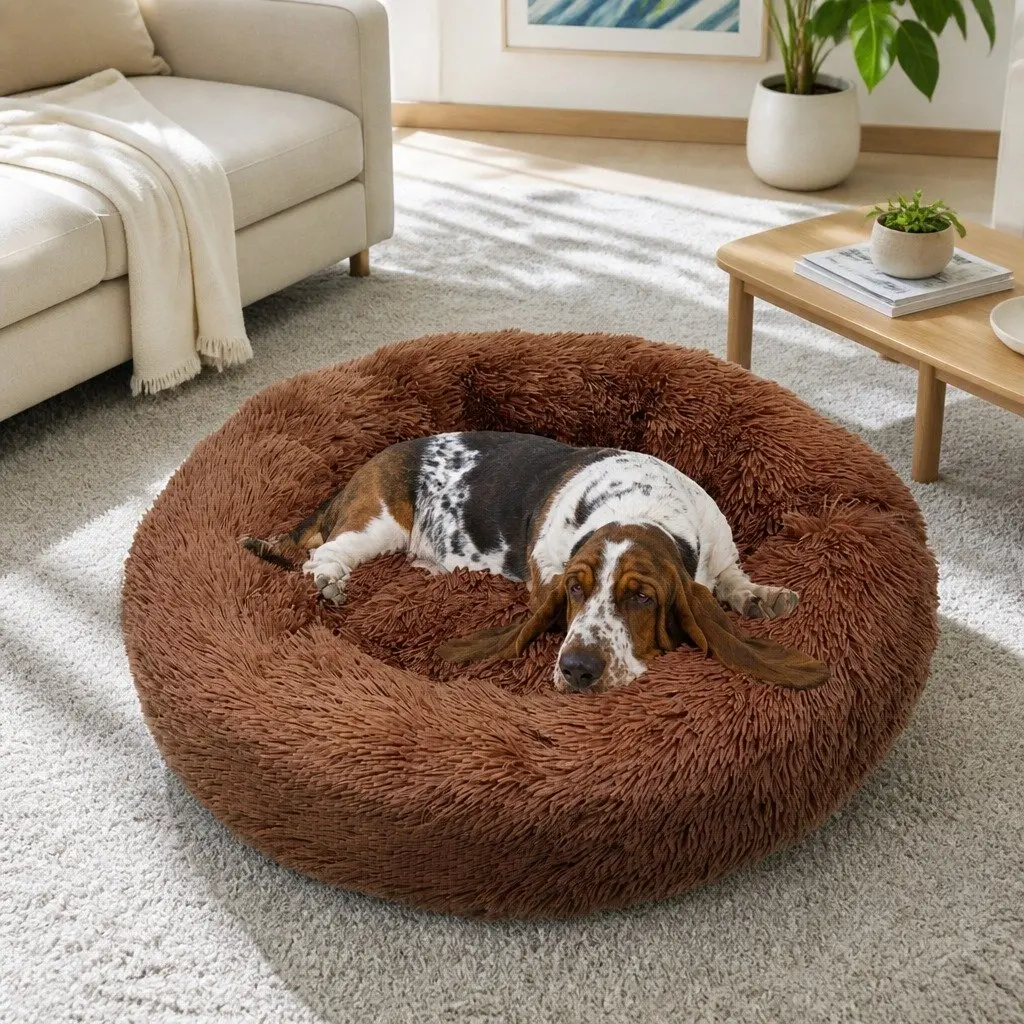 Dog Bed Round M 70cm Plush Nest Warm Sleeping Kennel Non-Slip Base