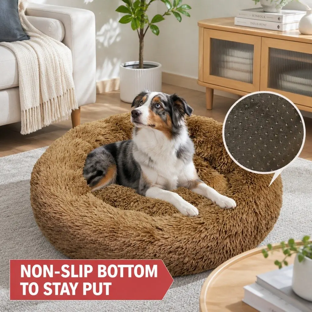 Dog Bed Round M 70cm Plush Nest Warm Sleeping Kennel Non-Slip Base