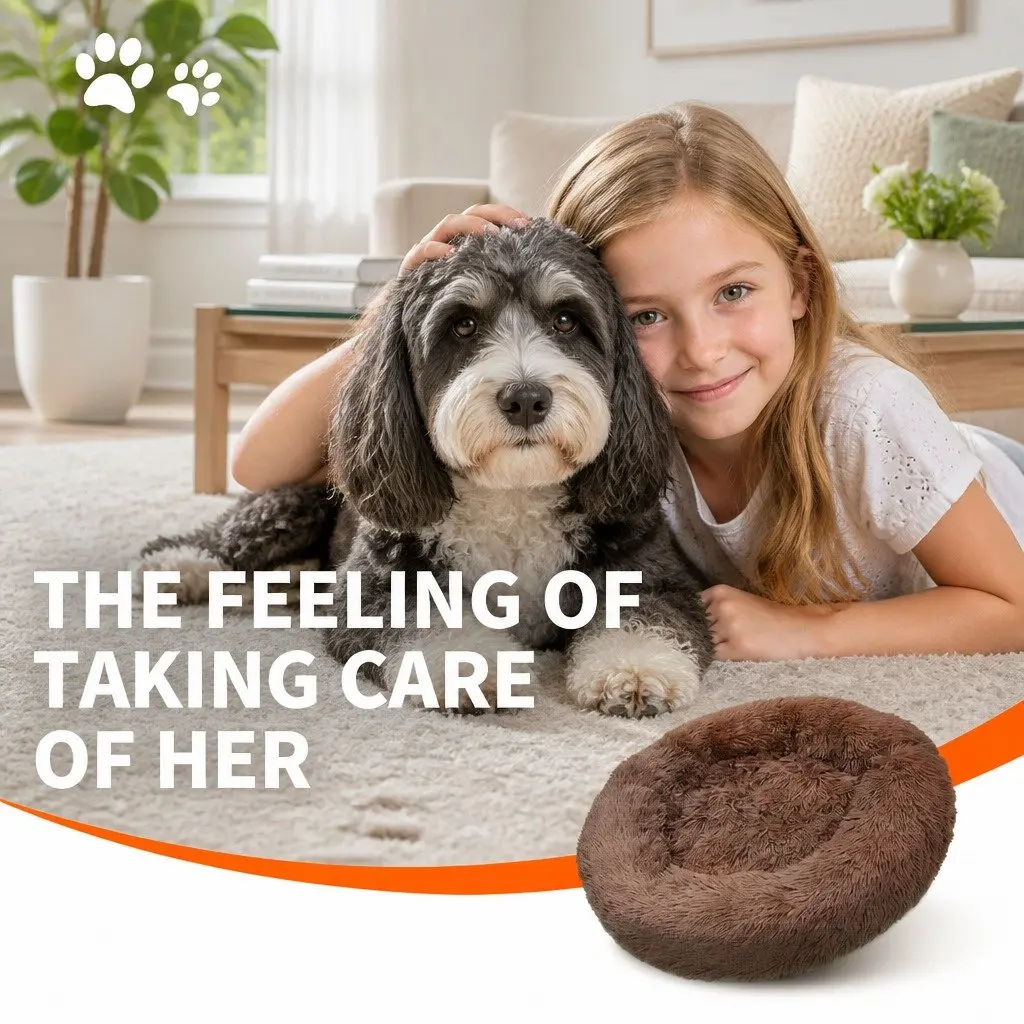 Dog Bed Round M 70cm Plush Nest Warm Sleeping Kennel Non-Slip Base