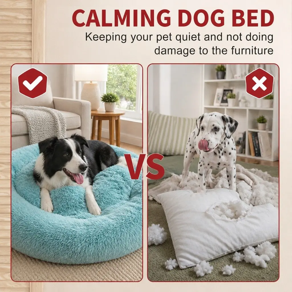 Dog Bed Large 90cm Round Nest Plush Warm Sleeping Mat Comfy Cushion Non-Slip Base