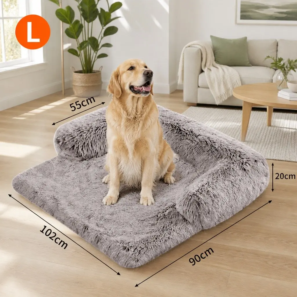 Pet Sofa Bed Large Plush Calming Cushion with Removable Bolster Non-Slip Waterproof Fabric Cover