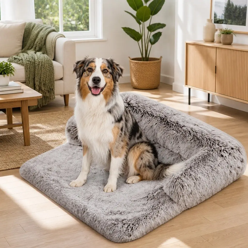 Pet Sofa Bed Large Plush Calming Cushion with Removable Bolster Non-Slip Waterproof Fabric Cover
