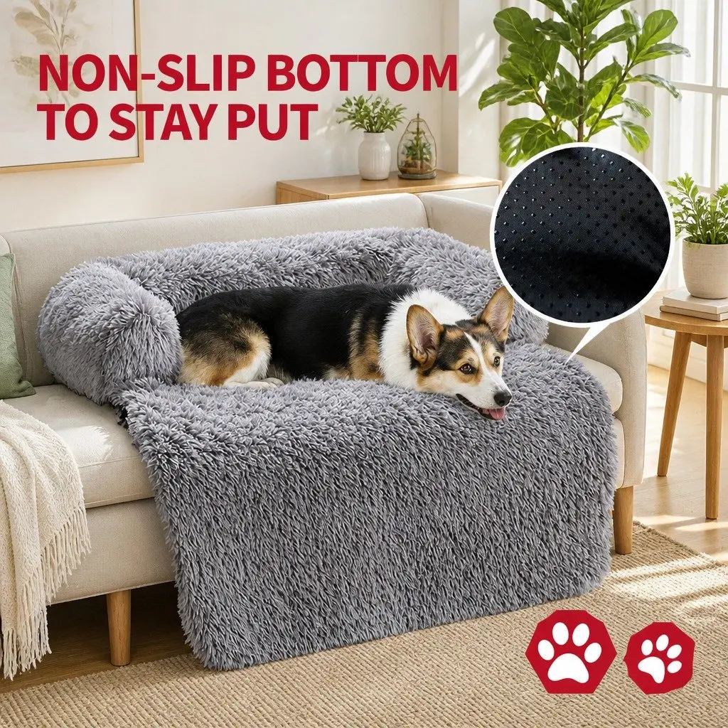 Pet Sofa Bed Large Plush Calming Cushion with Removable Bolster Non-Slip Waterproof Fabric Cover