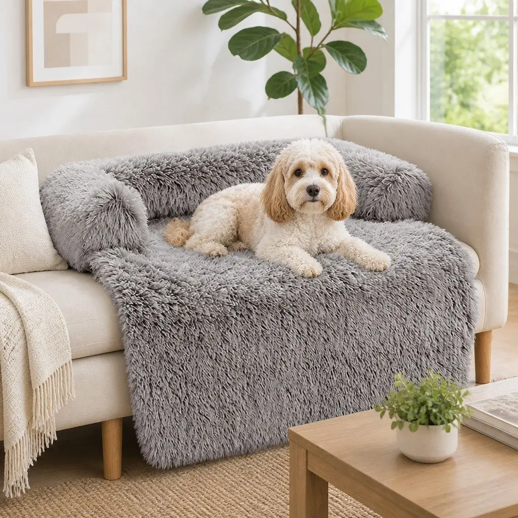 Pet Sofa Bed Small Size Calming Cushion Plush Mat with Removable Bolster Non-Slip Waterproof Fabric