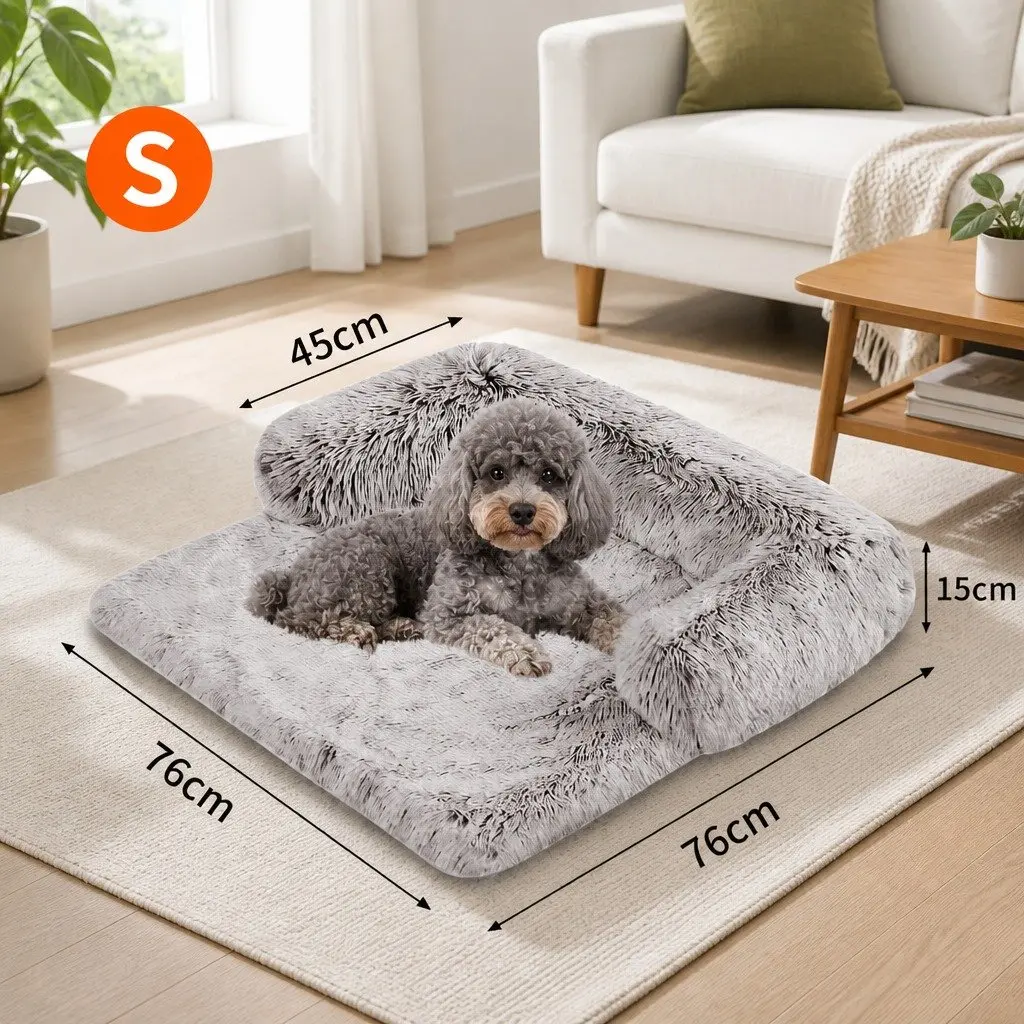 Pet Sofa Bed Small Size Calming Cushion Plush Mat with Removable Bolster Non-Slip Waterproof Fabric