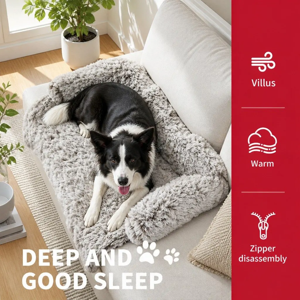 Pet Sofa Bed Small Size Calming Cushion Plush Mat with Removable Bolster Non-Slip Waterproof Fabric