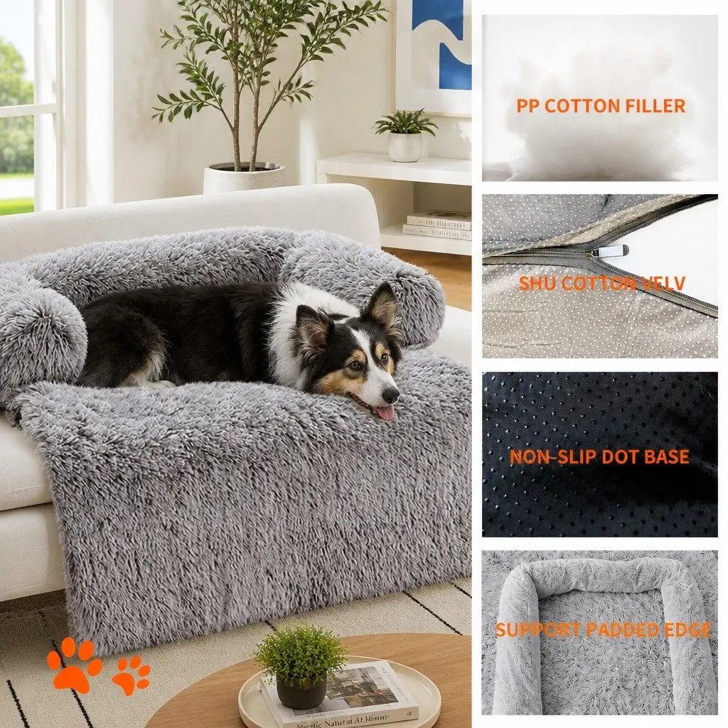 Pet Sofa Bed Small Size Calming Cushion Plush Mat with Removable Bolster Non-Slip Waterproof Fabric