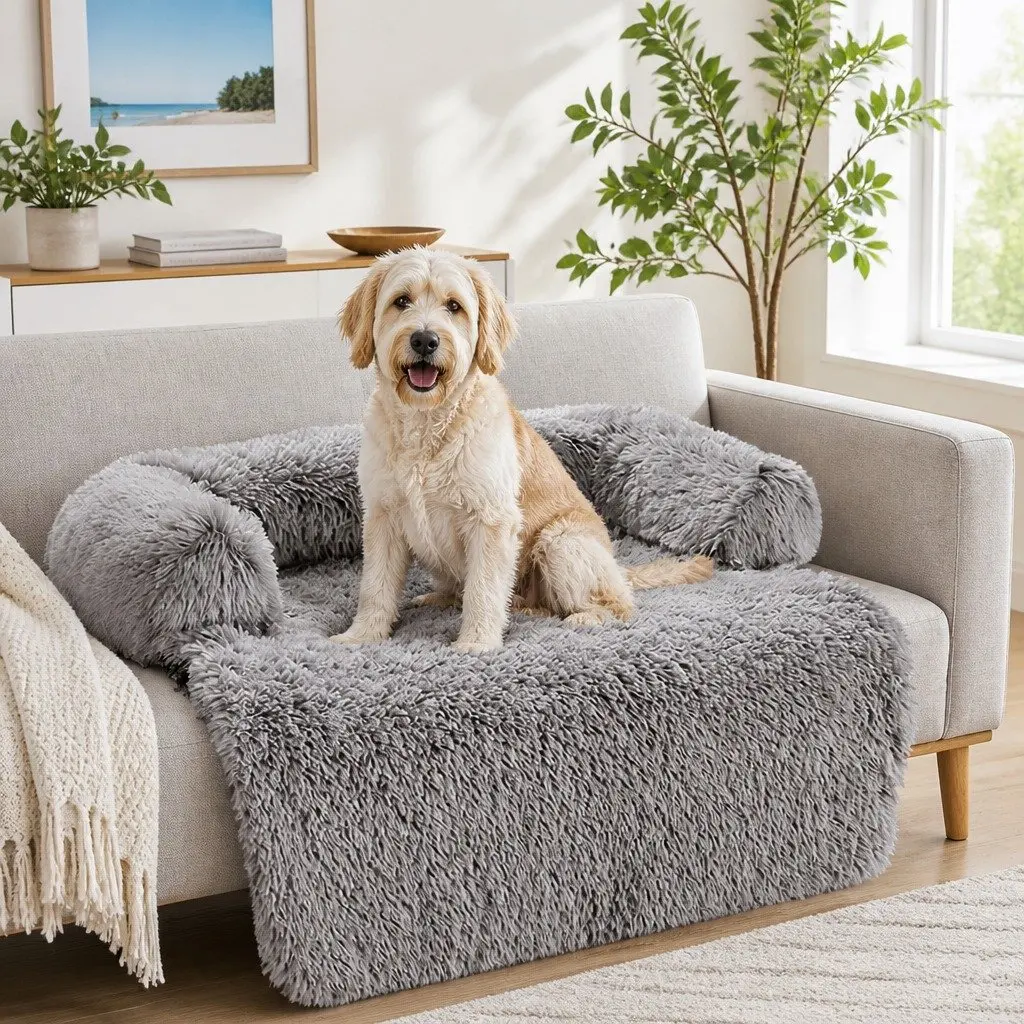 XL Dog Sofa Bed Calming Cushion Plush Mat with Removable Bolster Non-Slip Waterproof Fabric for Couch Car Floor