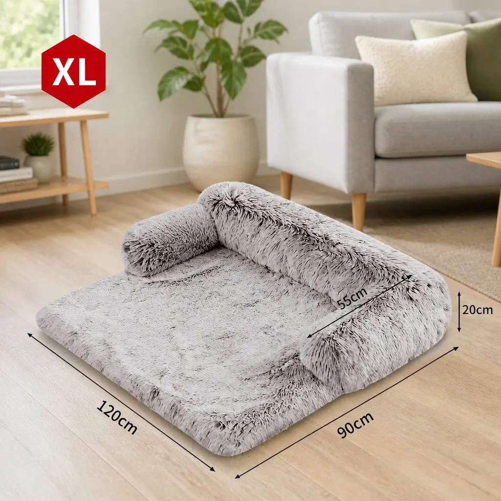 XL Dog Sofa Bed Calming Cushion Plush Mat with Removable Bolster Non-Slip Waterproof Fabric for Couch Car Floor