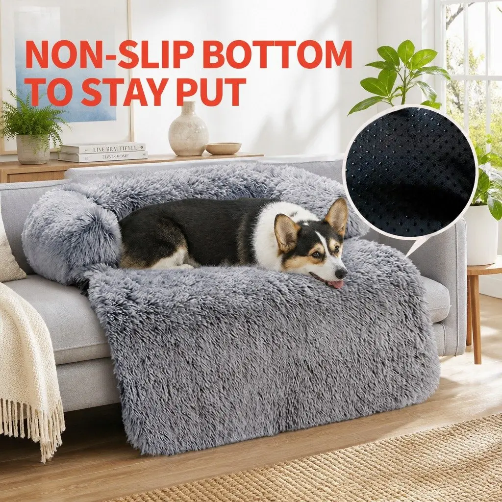 XL Dog Sofa Bed Calming Cushion Plush Mat with Removable Bolster Non-Slip Waterproof Fabric for Couch Car Floor