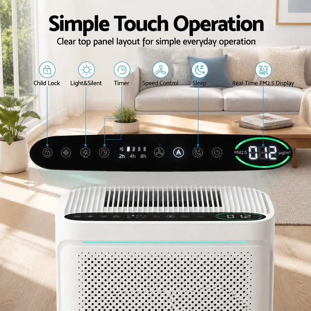 Air Purifier 200m³/h H12 HEPA Filter PM2.5 Display White