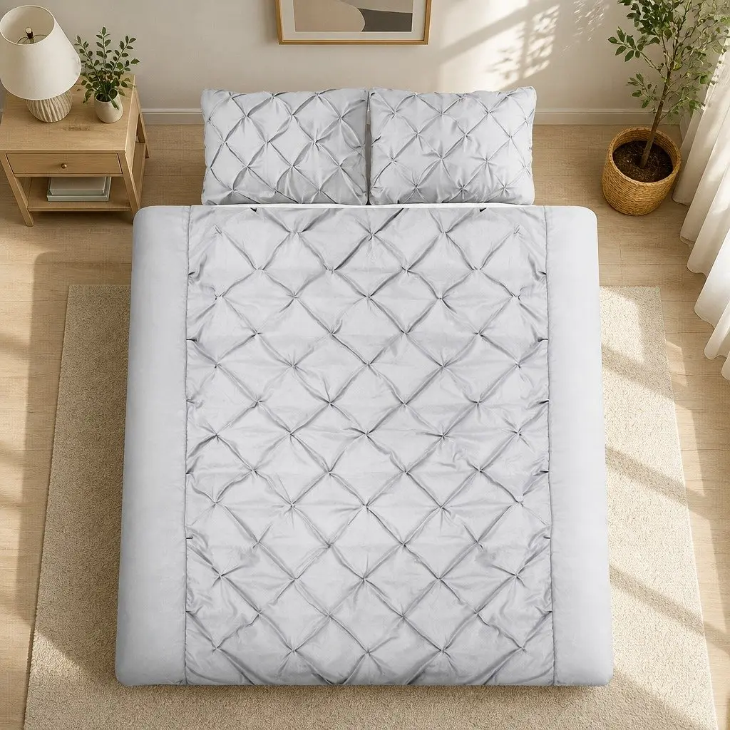 Super King Quilt Cover Set Grey Diamond Pintuck Microfibre 3 Piece Bedding