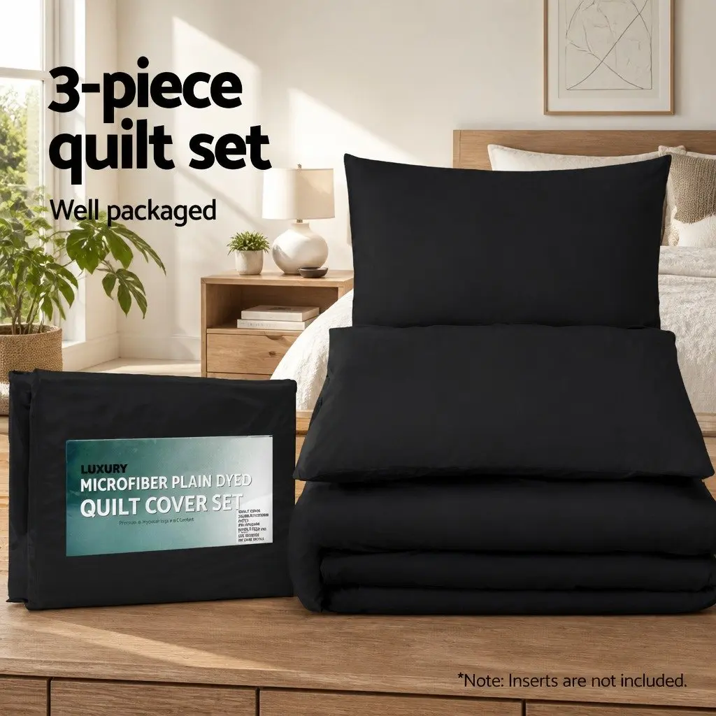 King Quilt Cover Set 3-Piece Duvet Bedding Black Breathable Lightweight Microfibre