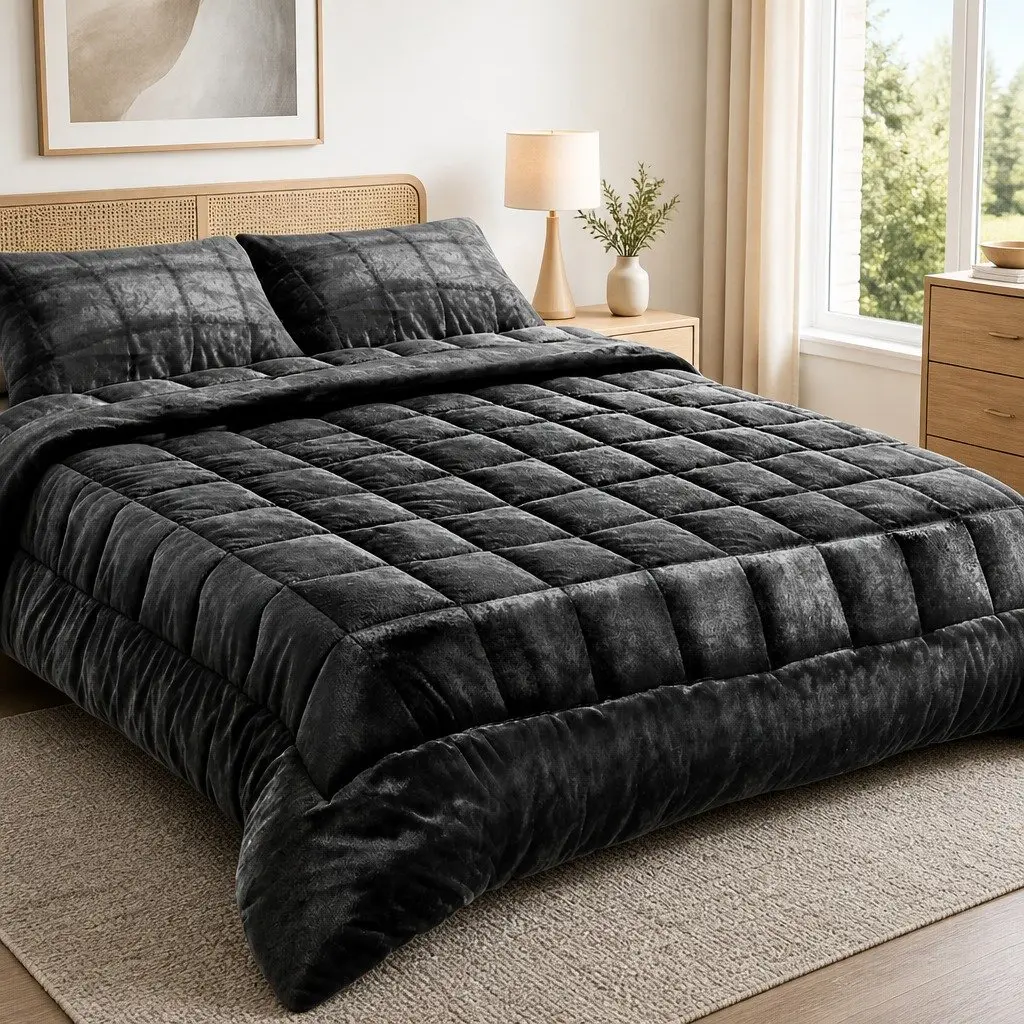 Faux Mink Quilt Super King Size Charcoal Double-Sided Winter Bedding with Thermo-Regulating Properties
