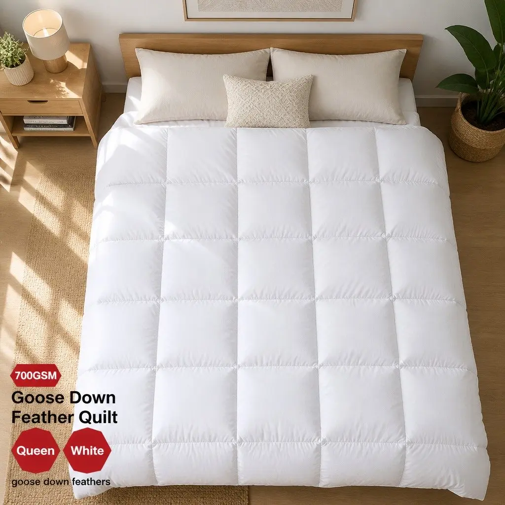 Goose Down Feather Quilt Queen Size 700GSM Baffle Box White Cotton Bedding