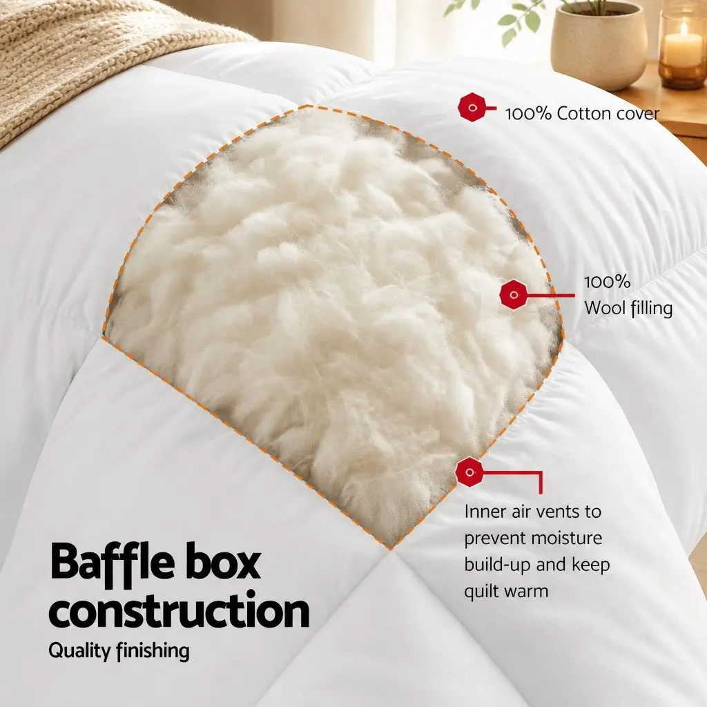 Wool Quilt 800GSM King Size Winter White Baffle Box Construction Warm Bedding