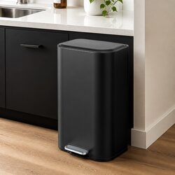40L Pedal Kitchen Trash Can Rectangular Garbage Bin Steel Black Soft Close Lid
