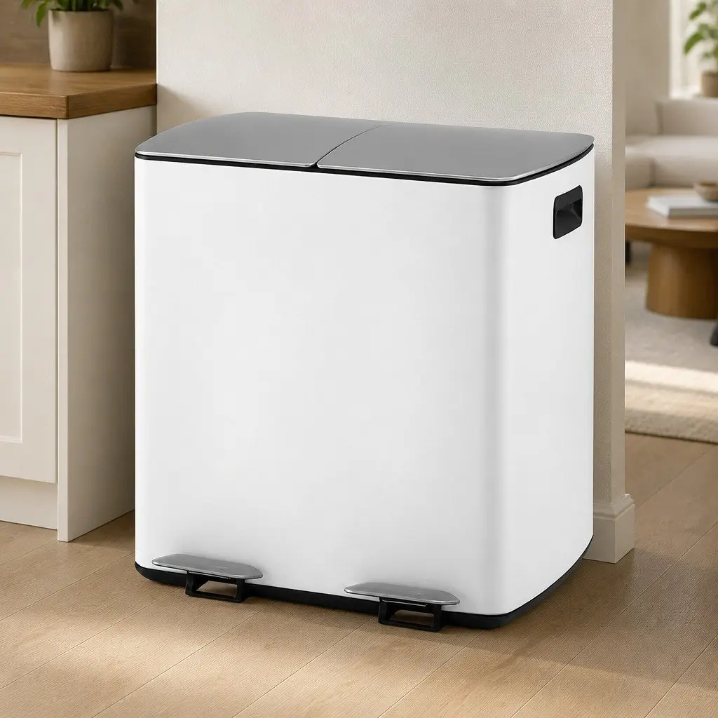 Pedal Bin 40L Dual Compartment Waste Recycle Dustbin Soft Closing White Kitchen