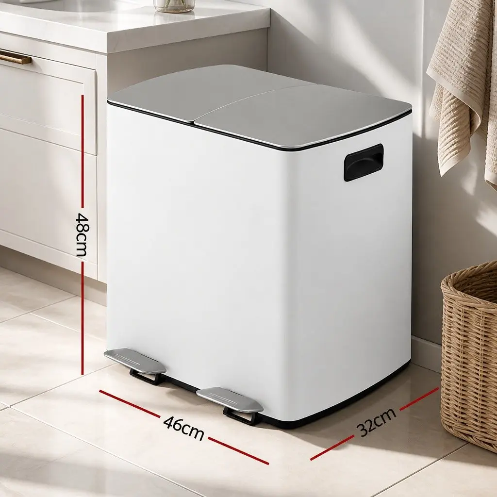 Pedal Bin 40L Dual Compartment Waste Recycle Dustbin Soft Closing White Kitchen