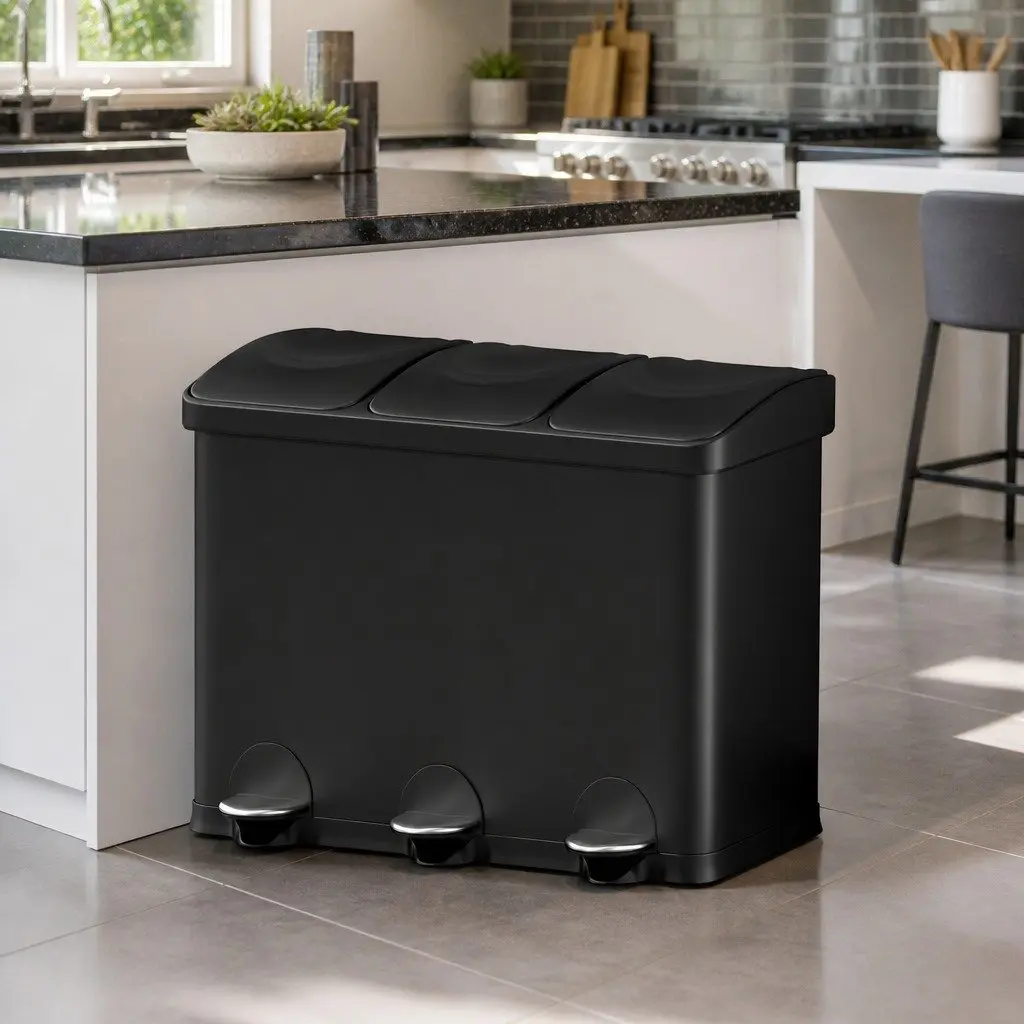 Pedal Bins 45L Triple Compartments Soft Close Black