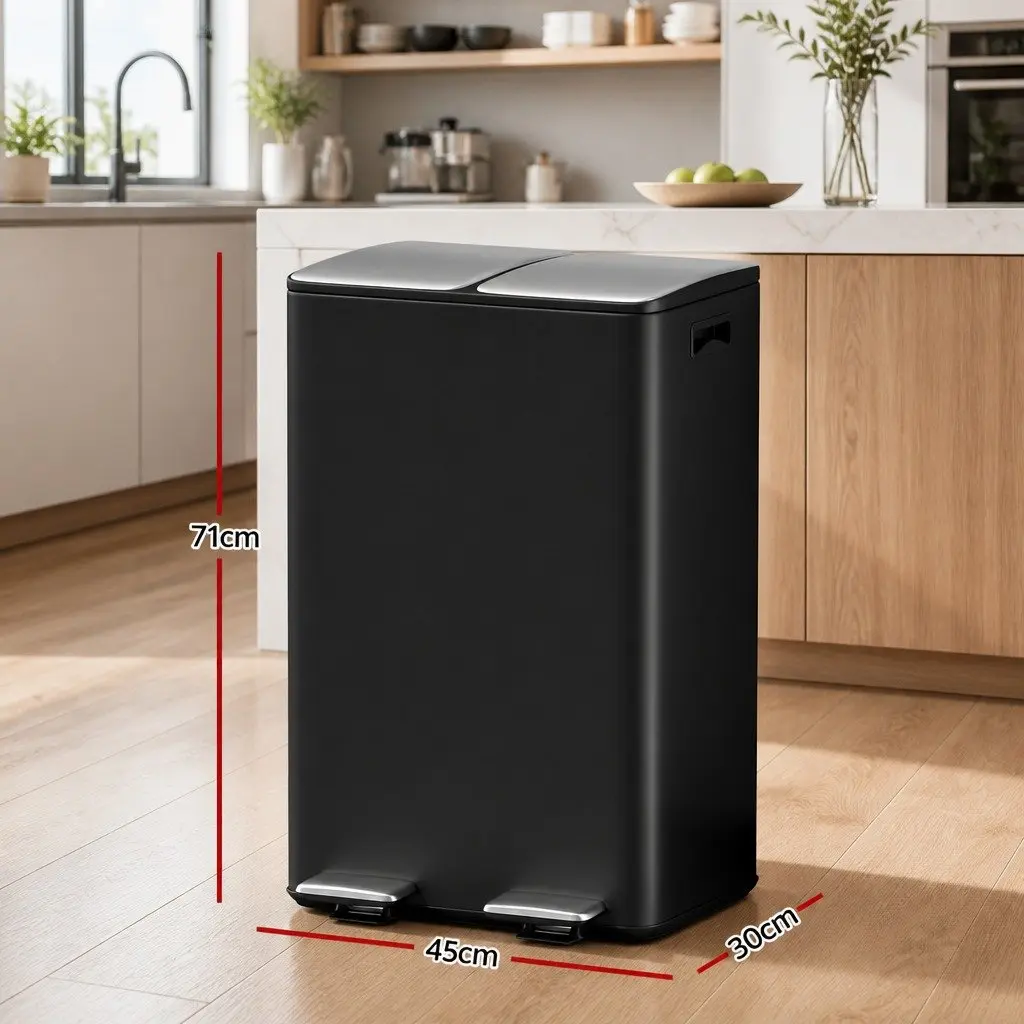 Pedal Bins 60L Dual Compartment Waste Rubbish Dustbin Recycling Black Kitchen