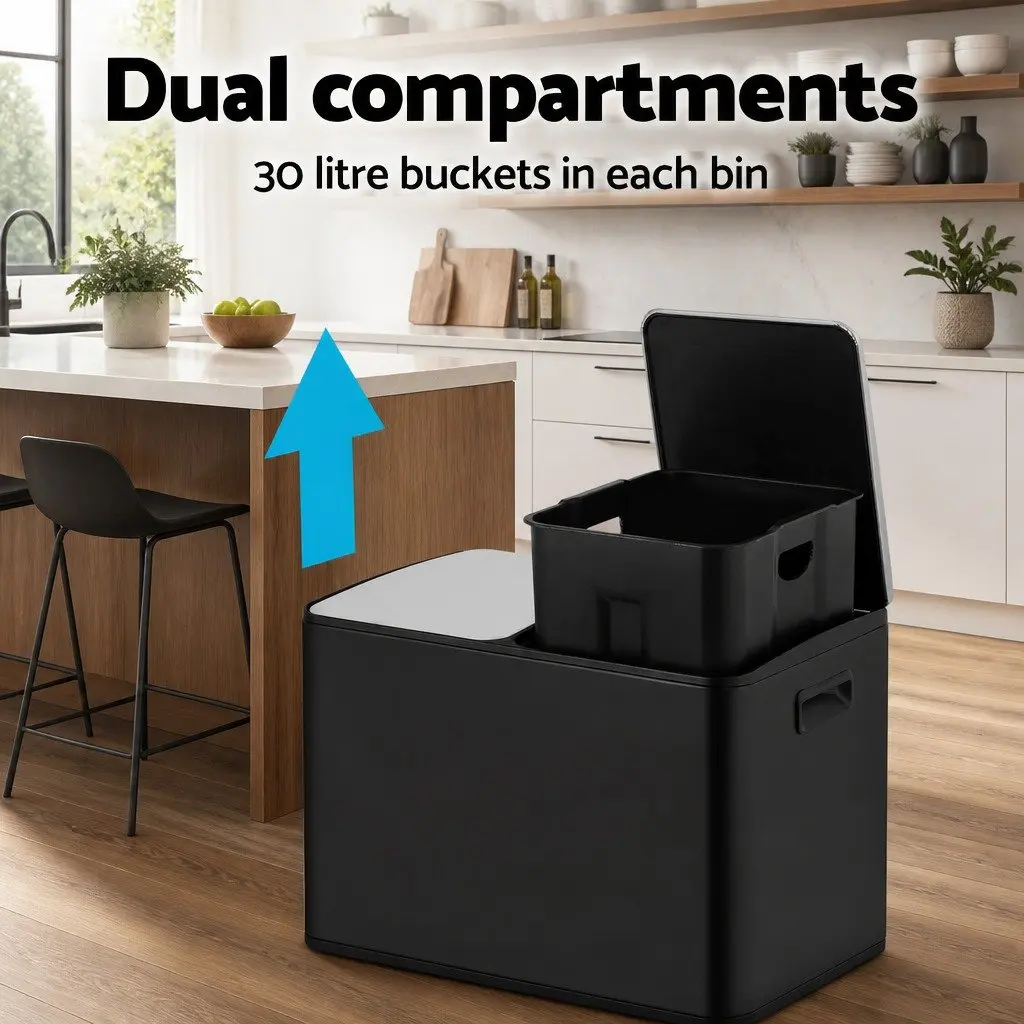 Pedal Bins 60L Dual Compartment Waste Rubbish Dustbin Recycling Black Kitchen