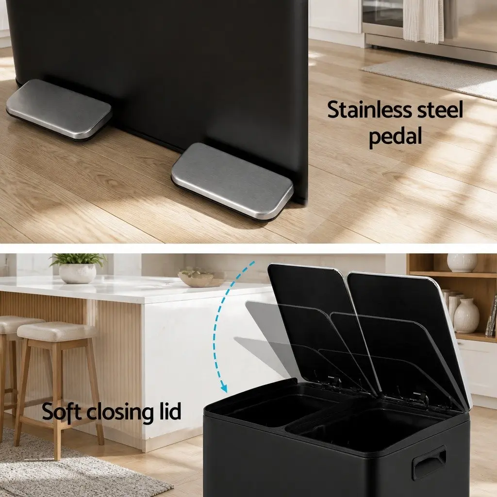 Pedal Bins 60L Dual Compartment Waste Rubbish Dustbin Recycling Black Kitchen