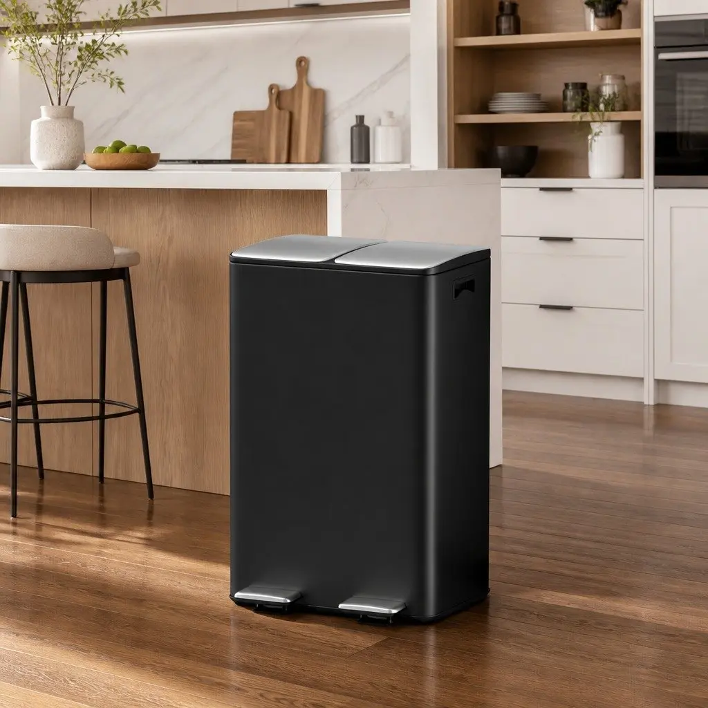 Pedal Bins 60L Dual Compartment Waste Rubbish Dustbin Recycling Black Kitchen