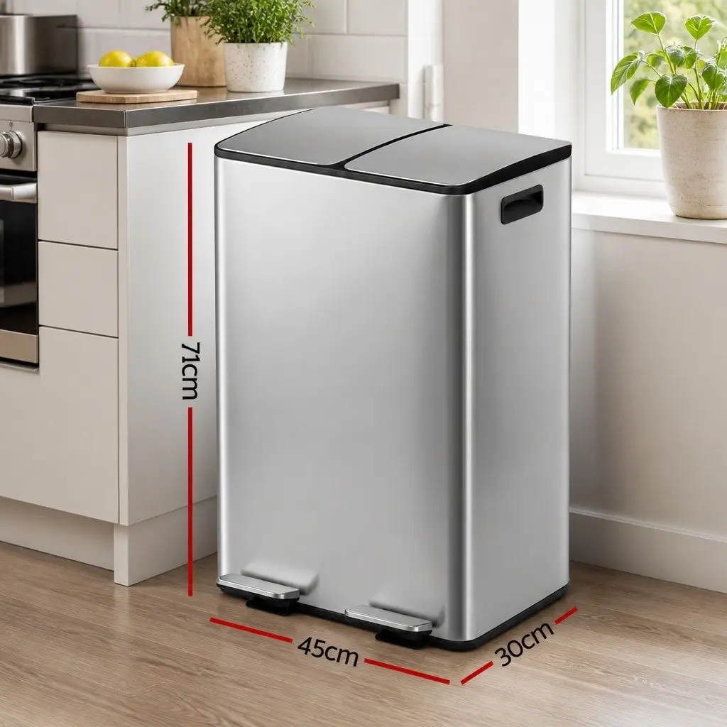 Pedal Bin 60L Dual Compartment Waste Recycle Dustbin Stainless Steel Soft Closing Silver
