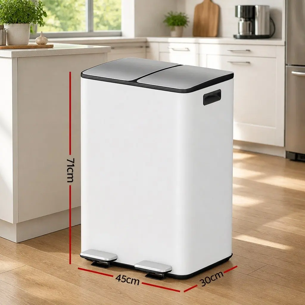 Pedal Bin 60L Dual Compartment Waste Recycle Dustbin White Kitchen Rubbish