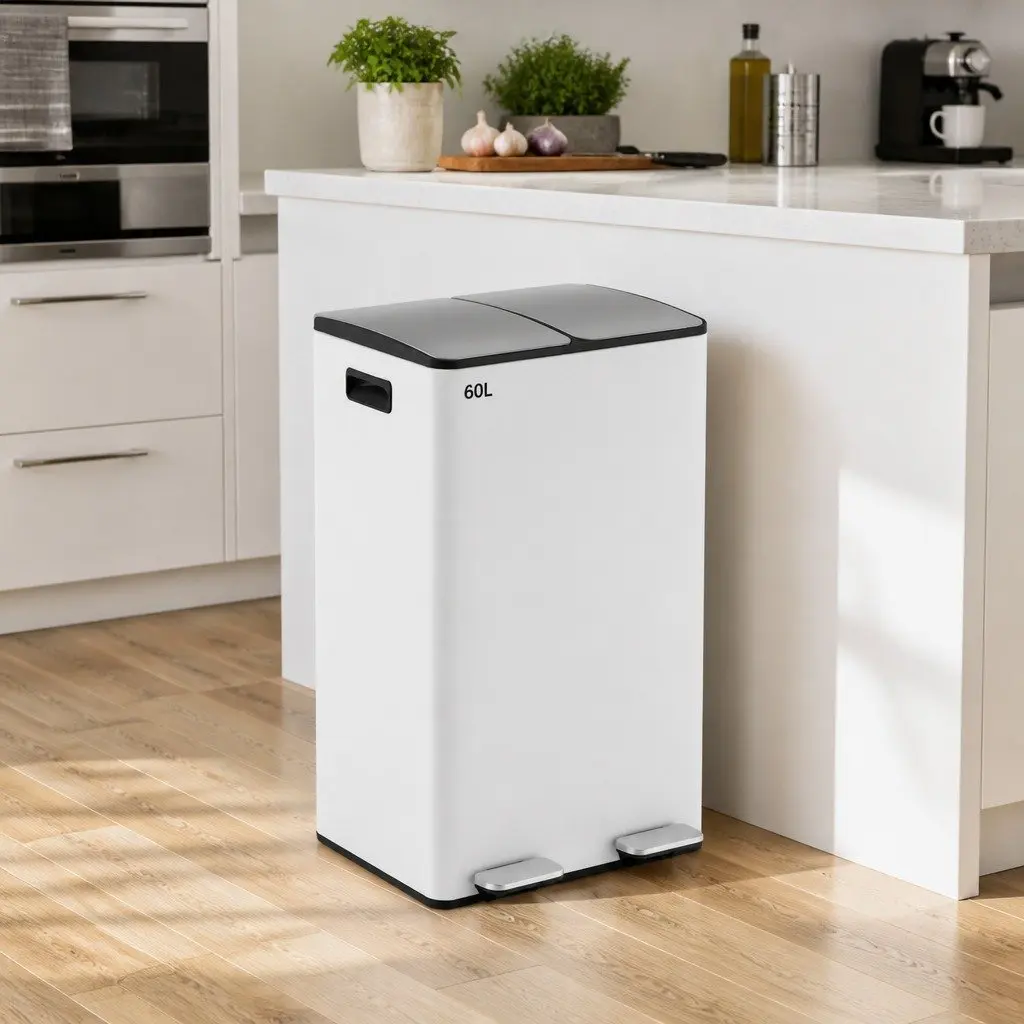 Pedal Bin 60L Dual Compartment Waste Recycle Dustbin White Kitchen Rubbish