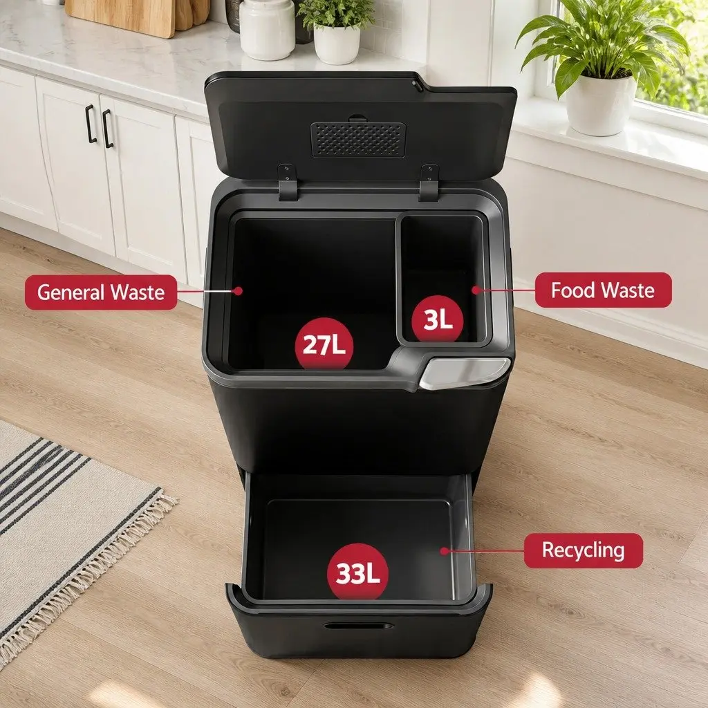 63L Pull Out Rubbish Bin 3 Compartment Split Door Trash Can Kitchen Black