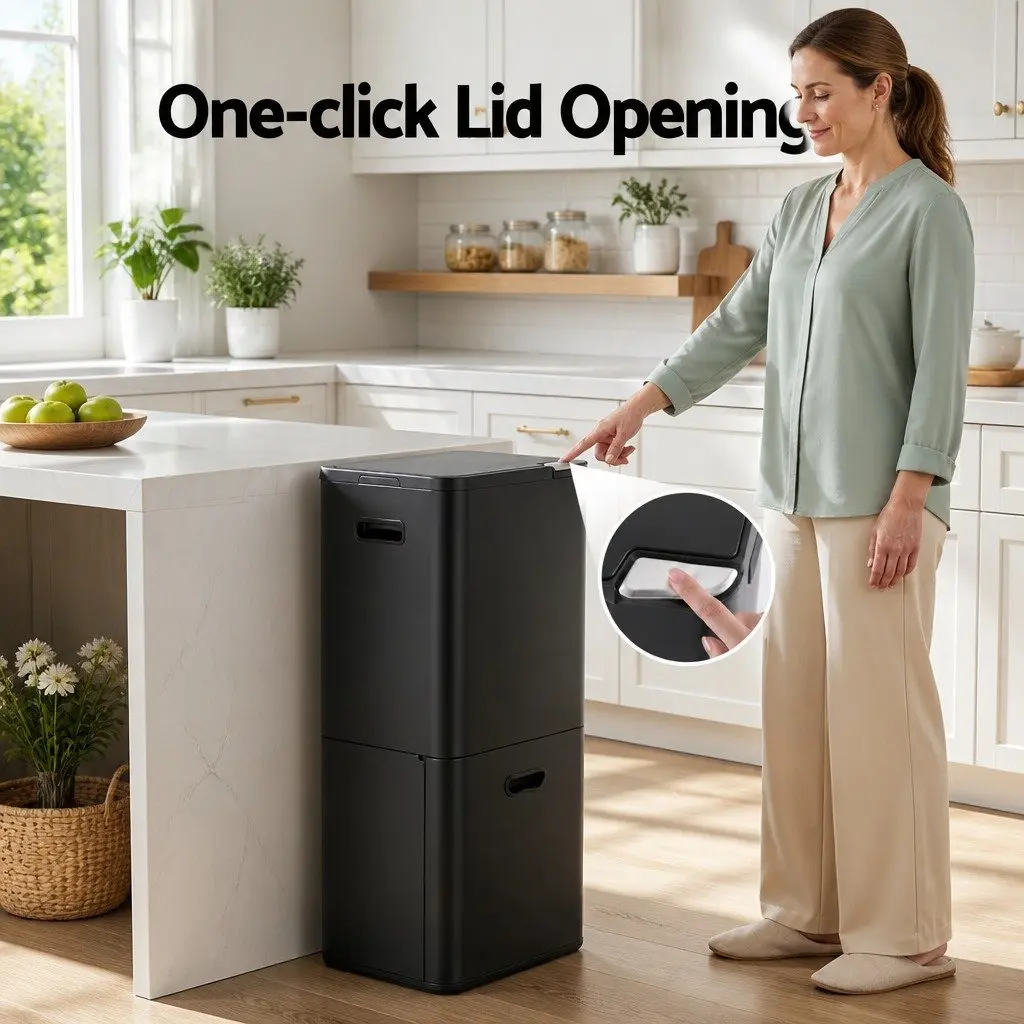 63L Pull Out Rubbish Bin 3 Compartment Split Door Trash Can Kitchen Black