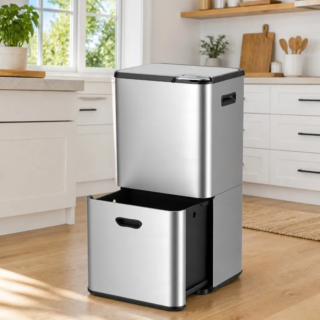Pull Out Rubbish Bin 63L 3 Compartment Stainless Steel Split Door Trash Can